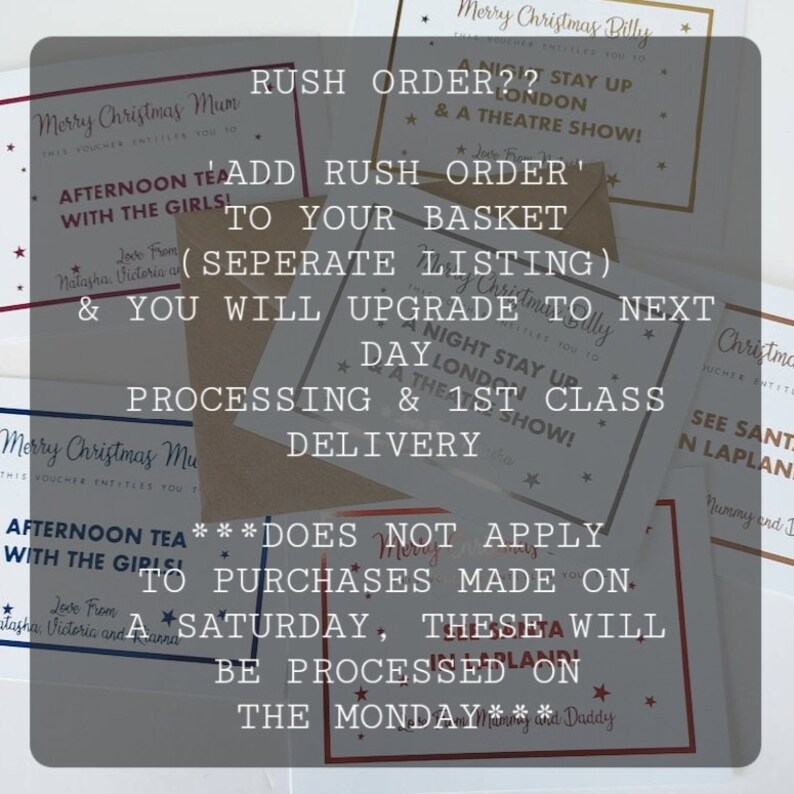 May include: A white card with red and black text that reads "Rush Order?" and "Add Rush Order to your basket (separate listing) and you will upgrade to next day & 1st class delivery". The card also has a red star and a black star.