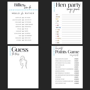 K&ouml;nnte beinhalten: Vier wei&szlig;e Karten mit schwarzem Text f&uuml;r einen Junggesellinnenabschied. Die Karten enthalten Spiele wie "Would She Rather", ein Emoji-Spiel, ein "Guess the Dress"-Spiel und ein Punktespiel.