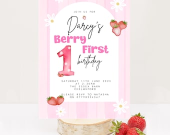 Beere Erster Geburtstag | Physische Einladung | Erdbeeren Einladung | 1.Geburtstags-Party | Beerensortiment