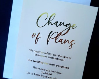 Foiled Change Of Plans Card, Postponement, Wedding, Change the Date