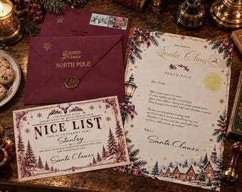 May include: A burgundy envelope with a gold wax seal and the text Santa Claus North Pole, a Nice List certificate for Stanley, and a letter from Santa Claus featuring a winter village illustration, decorative borders, and gold accents.