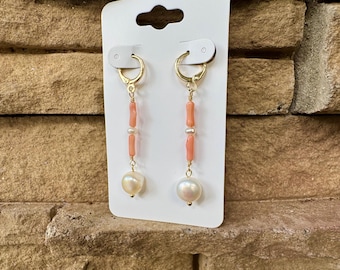 Gold Filled Coral & Freshwater Pearl Earrings