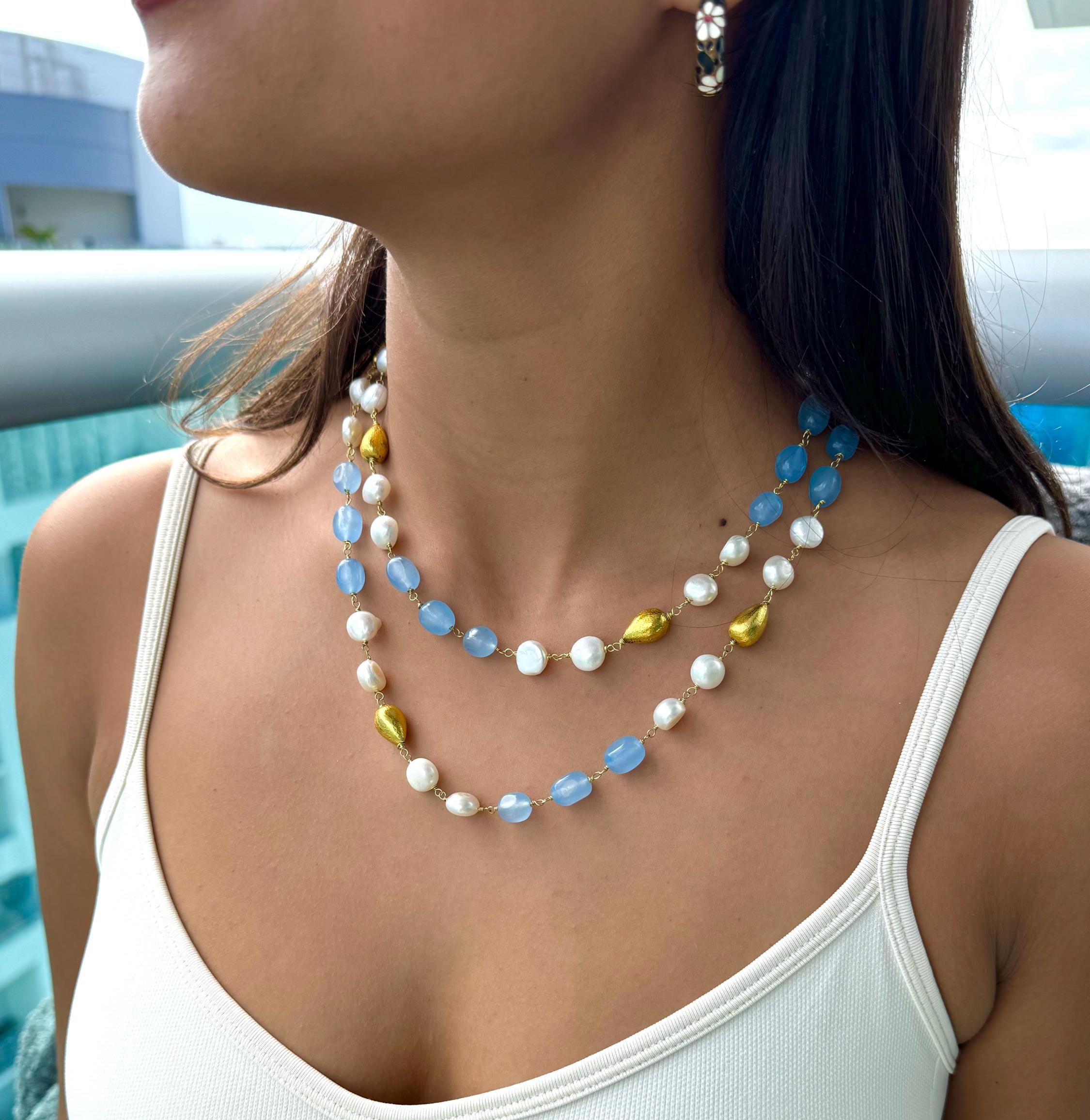 Handmade freshwater pearls / blue jade necklace, white and blue necklace,