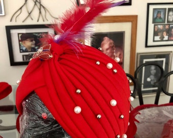 Red Turban with Pearl/Silver Beads