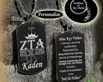 Zeta Tau Alpha key chain or necklace with the Nine Key Values, Seek the Noblest, Personalized gift