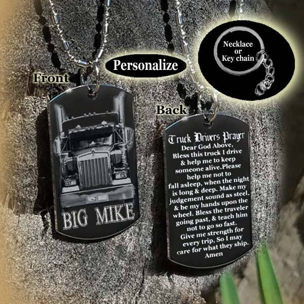 Oração para caminhoneiros, colar para caminhoneiros, chaveiro para caminhoneiros, presente para caminhoneiros, etiqueta de cachorro, colar ou chaveiro + GRAVAÇÃO GRÁTIS
