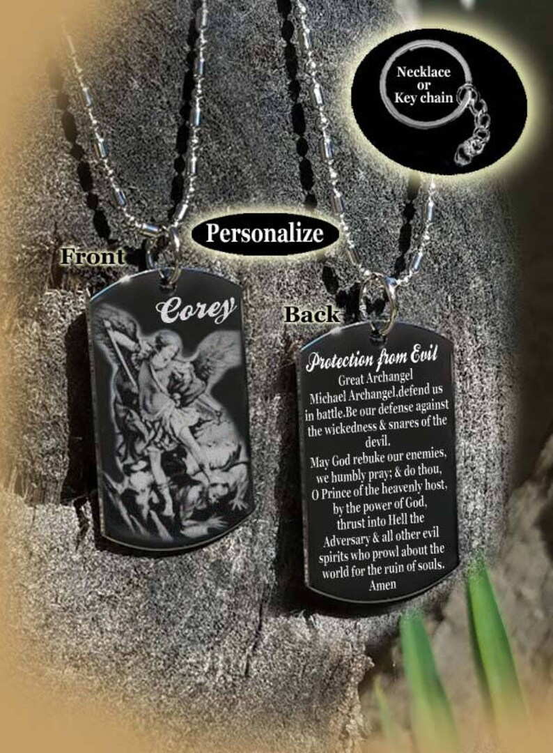 St Michael Protect us from Evil Dog tag Necklace or Key Chain FREE ENGRAVING