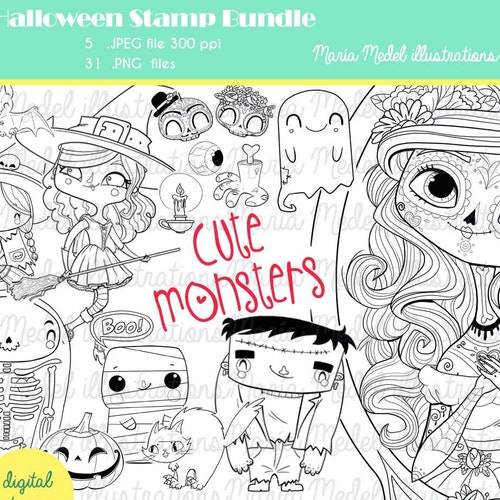 PNG files Journal ephemera 4 x Halloweeny Unicorn digital stamps crafting etc colouring in