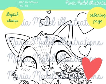 ST VALENTINE'S FOX- coloring page for adults and kids + digital stamp for scrapbooking