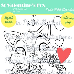 ST VALENTINE'S FOX- coloring page for adults and kids + digital stamp for scrapbooking
