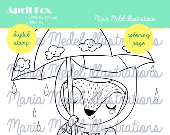 FOX WITH UMBRELLA- digital stamp for srapbooking + coloring page for children and adults