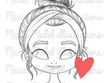 MEISJE meisje met teruggetrokken haar- digi stempel voor Schroot boeken, kaart maken, volwassen kleuren, Planner. Valentijn, Galentine's, besties