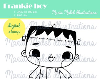 HALLOWEEN FRANKIE JR- digital stamp, line art illustration for scrapbooking, card making, adult and kids coloring,  crafts.