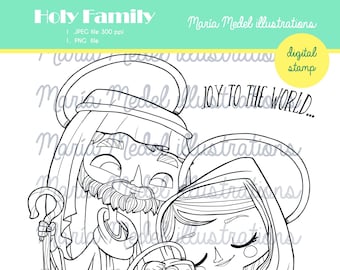HOLY FAMILY.  Christmas Digital Stamp. Scrap booking, Card making, Coloring page. Licensing