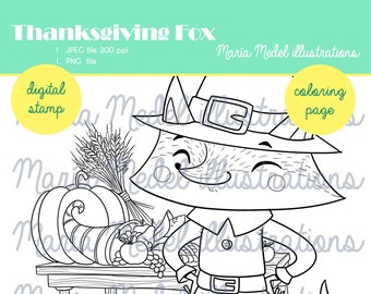 THANKSGIVING FOX.  coloring page+ digital stamp for scrapbooking, cardmaking...