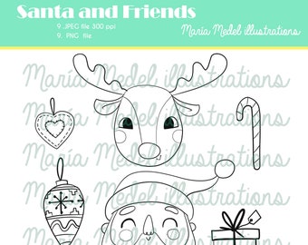 SANTA AND FRIENDS-cute digi stamp set for scrapbooking, cardmaking, Christmas tags, snail mail and other Christmas crafts.  Instant download