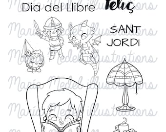 Petit lector-DIGISTAMP set in Catalan for scrapbook, cardmaking, adult and kids colouring, , Book Day Cards, Sant Jordi cards