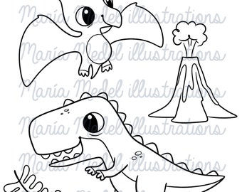 T-Rex & Pteranodon-DIGITAL STAMP set for scrapbook, cardmaking, adult and kids colouring,Dino Cards and projects, new baby cards, baby album