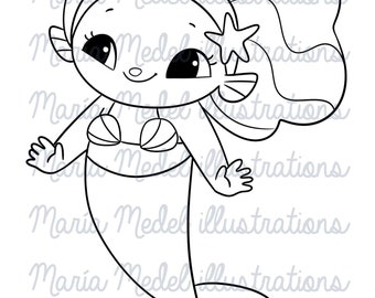Lana Mermaid. DIGITAL STAMP for scrapbook, cardmaking, adult and kids colouring, Mermay Cards and projects, Summer Projects