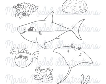 SEA ANIMALS 2- digital stamp set for scrapbooking, cardmaking, kids crafts, temporary tattoo...coloring page,