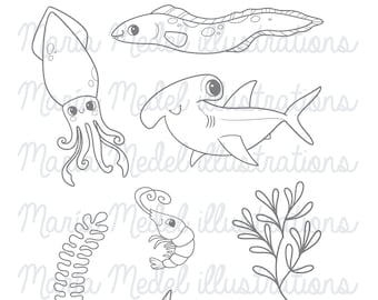 SEA ANIMALS 1- digital stamp set for scrapbooking, cardmaking, kids crafts, temporary tattoo...coloring page,