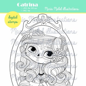 CATRINA. Sello digital de Halloween y Día de Muertos para scrapbooking y creación de tarjetas. Página para colorear, tatuaje temporal, ilustración lineal.