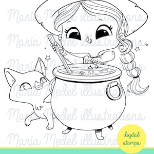 EL CALDERO witch digital stamp, Halloween digital stamp for scrapbooking, cardmaking image 1