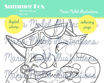 SUMMER FOX- coloring page + digital stamp for scrapbooking, etc