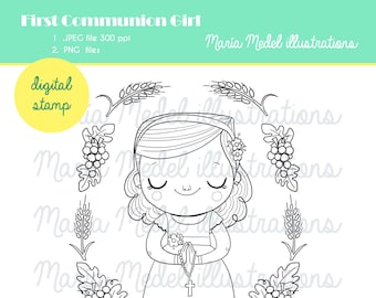 FIRST COMMUNION GIRL- niña Primera Comunión- digital stamp for scrapbooking, cardmaking, coloring sheet