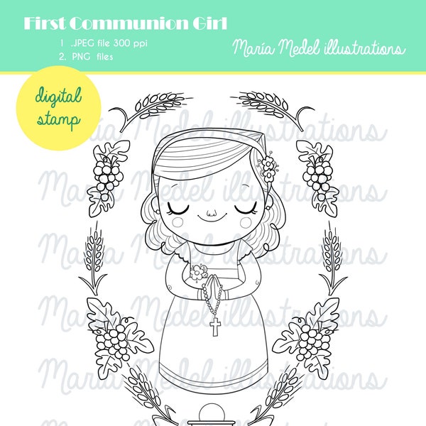 FIRST COMMUNION GIRL- niña Primera Comunión- digital stamp for scrapbooking, cardmaking, coloring sheet