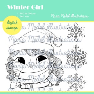 WINTER GIRL. Digi Stamp set for Scrap booking, Card making, Coloring page. Winter and Christmas crafts image 1