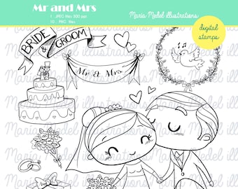 BRIDE AND GROOM- digital stamp set-cute wedding digital line art for coloring, scrapbooking, cardmaking