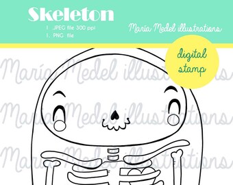 Digital stamp of a Cute Skeleton for scrapbooking, cardmaking, kids crafts.  Digital download.