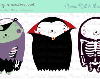 INSTANT DOWNLOAD - clip art set, 3 funny monsters (zombie, vampire, skeleton)