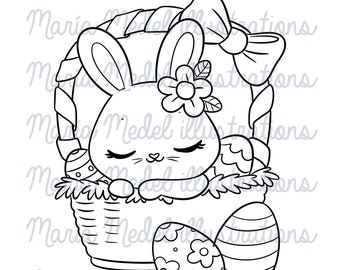DREAMY EASTER BUNNY-digital stamp for scrapbooking, coloring page, Easter projects, kids crafts