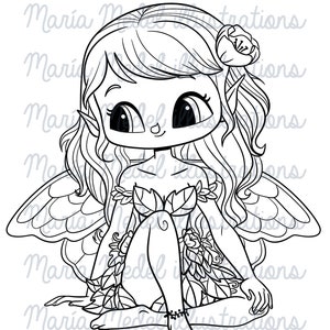 cute sitting fairy- digital stamp for scrapbooking, coloring page, clipart, die cut, planner sticker, temporary tattoo