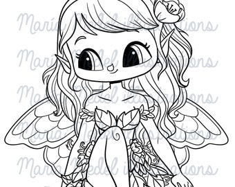 cute sitting fairy- digital stamp for scrapbooking, coloring page, clipart, die cut, planner sticker, temporary tattoo