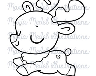 CUTE REINDEER. Christmas Digi stamp set for Card making, Scrap booking, coloring page. Winter and Christmas crafts, like ornaments or cards