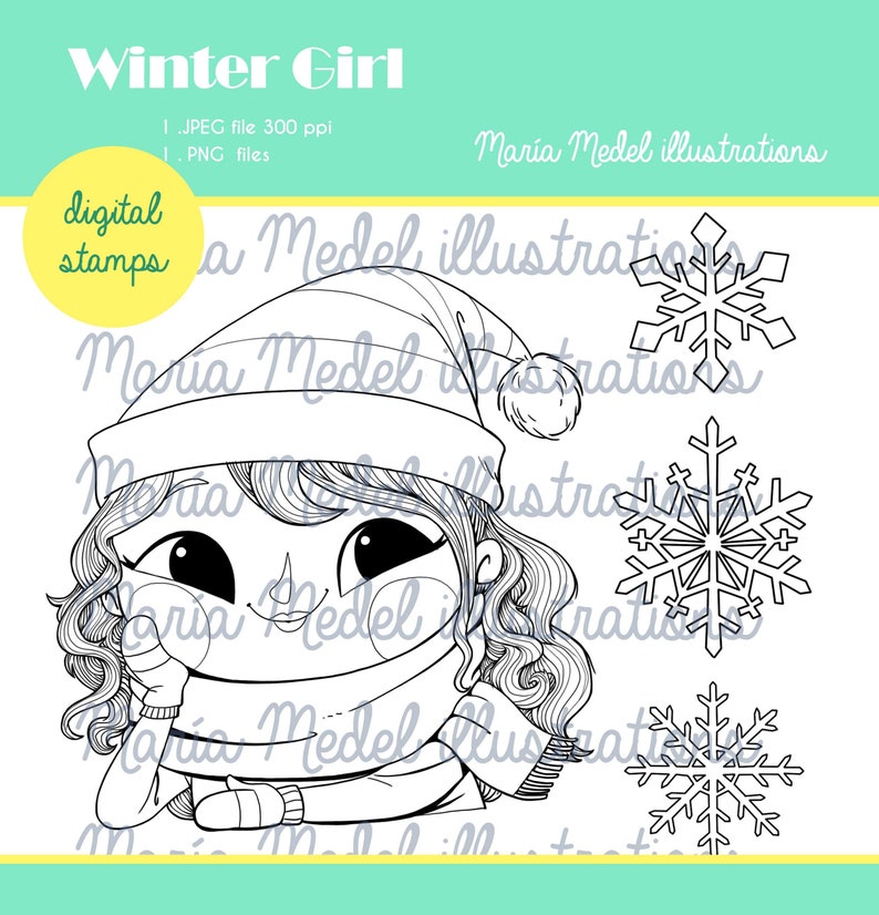 WINTER GIRL. Digi Stamp set for Scrap booking, Card making, Coloring page. Winter and Christmas crafts image 1