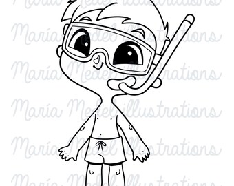 cute boy with goggles and fins- digital stamp for card making, scrapbooking, summer crafts, coloring page