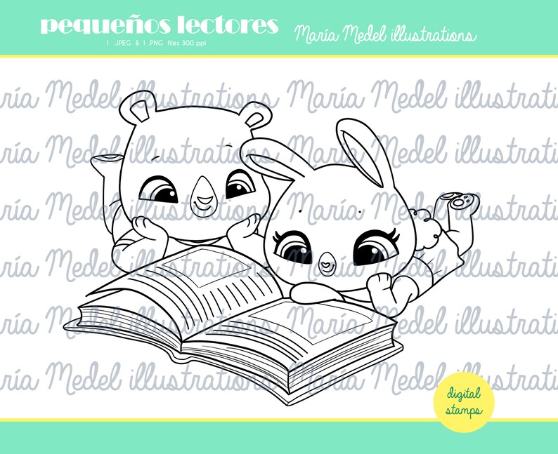 LITTLE READERS digi, sello digital, digital stamp for scrapbooking, card making, Book Day crafts image 1
