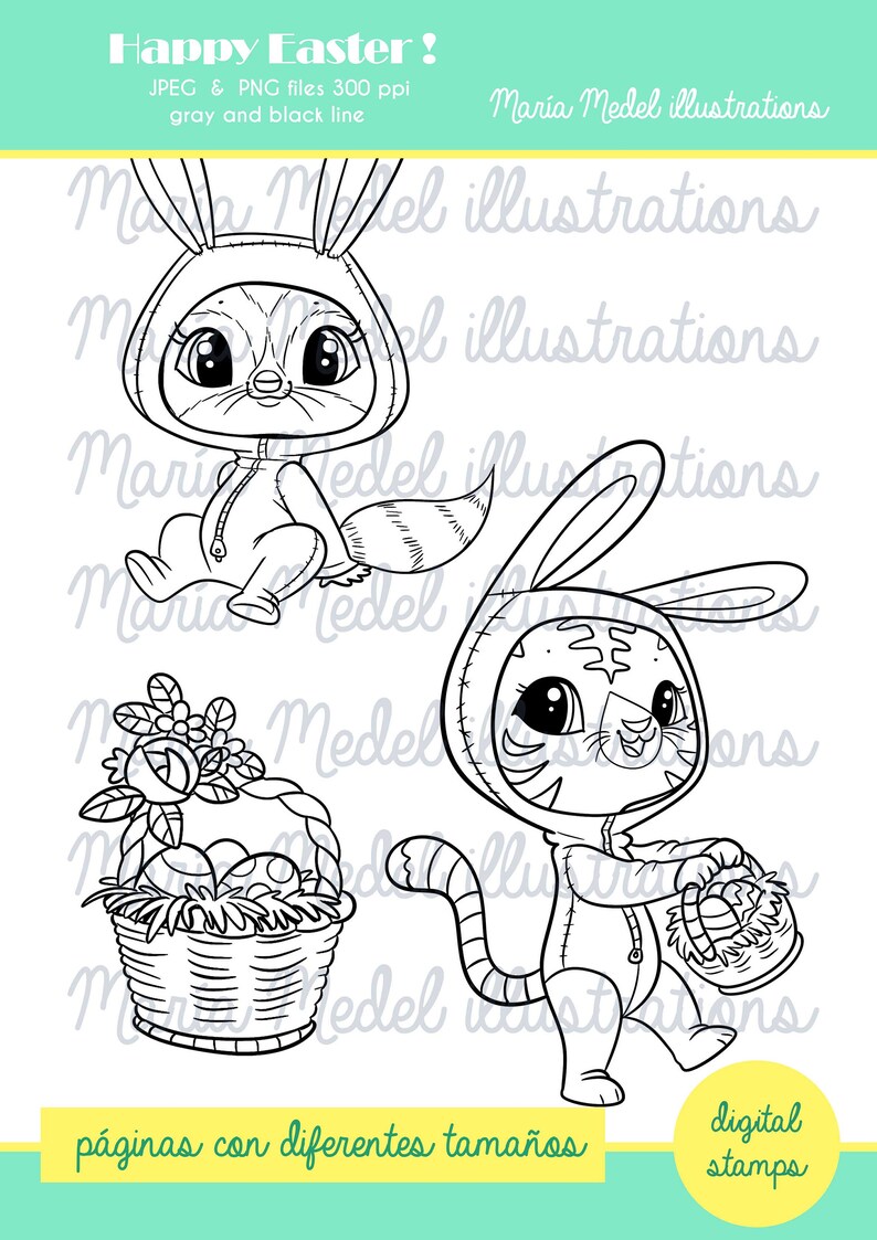 Happy Easter DIGITAL STAMP set for scrapbook, cardmaking, adult and kids colouring,Easter projects image 1