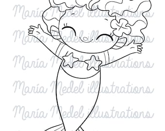 Ianthe Mermaid. DIGITAL STAMP for scrapbook, cardmaking, adult and kids colouring, Mermay Cards and projects, Summer Projects