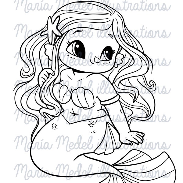 Young curvy mermaid.  Digi stamp for Card making, Scrap booking, coloring page.Perfect for Spring crafts, Mermay crafts