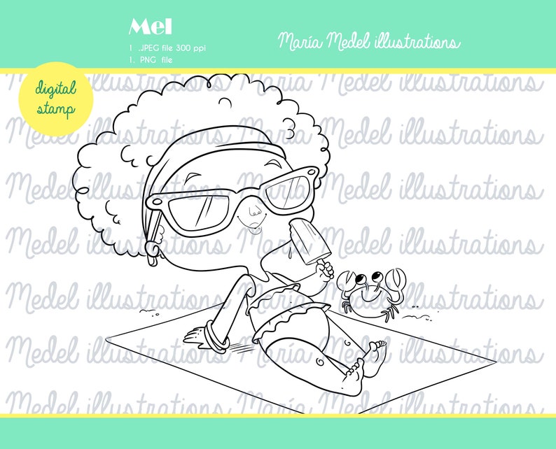 summer girl 2 digital stamp for scrapbooking, cardmaking coloring page image 1