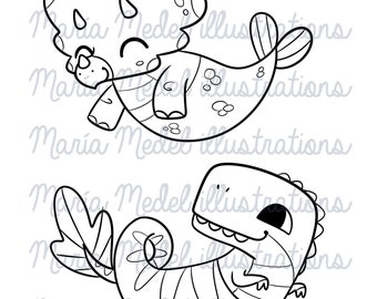Dino Mermais. Digi stamp set for Card making, Scrap booking, coloring page.Perfect for Spring crafts, Mermay crafts,