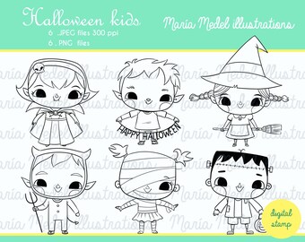 HALLOWEEN KIDS BUNDLE- digital stamps, line art illustrations for scrapbooking, card making, adult and kids coloring,  crafts.