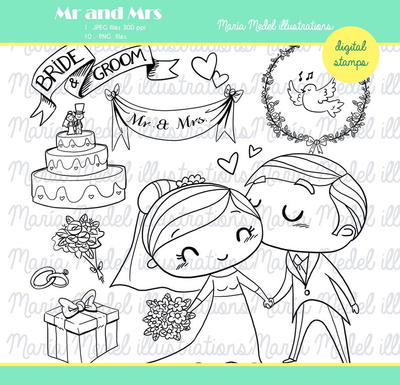 scrapbooking BRIDE AND GROOM cardmaking digital stamp set-cute wedding digital line art for coloring