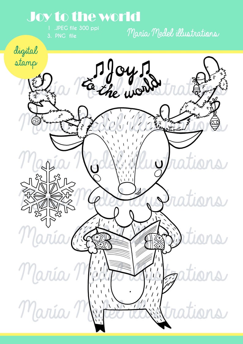 SINGING REINDEER. Christmas Digi stamp bundle. Scrap booking, card making, coloring page, Christmas crafts. image 1