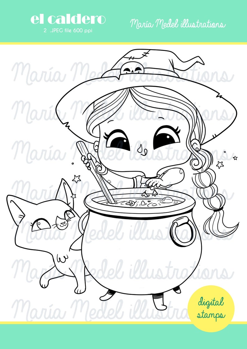 EL CALDERO witch digital stamp, Halloween digital stamp for scrapbooking, cardmaking image 1